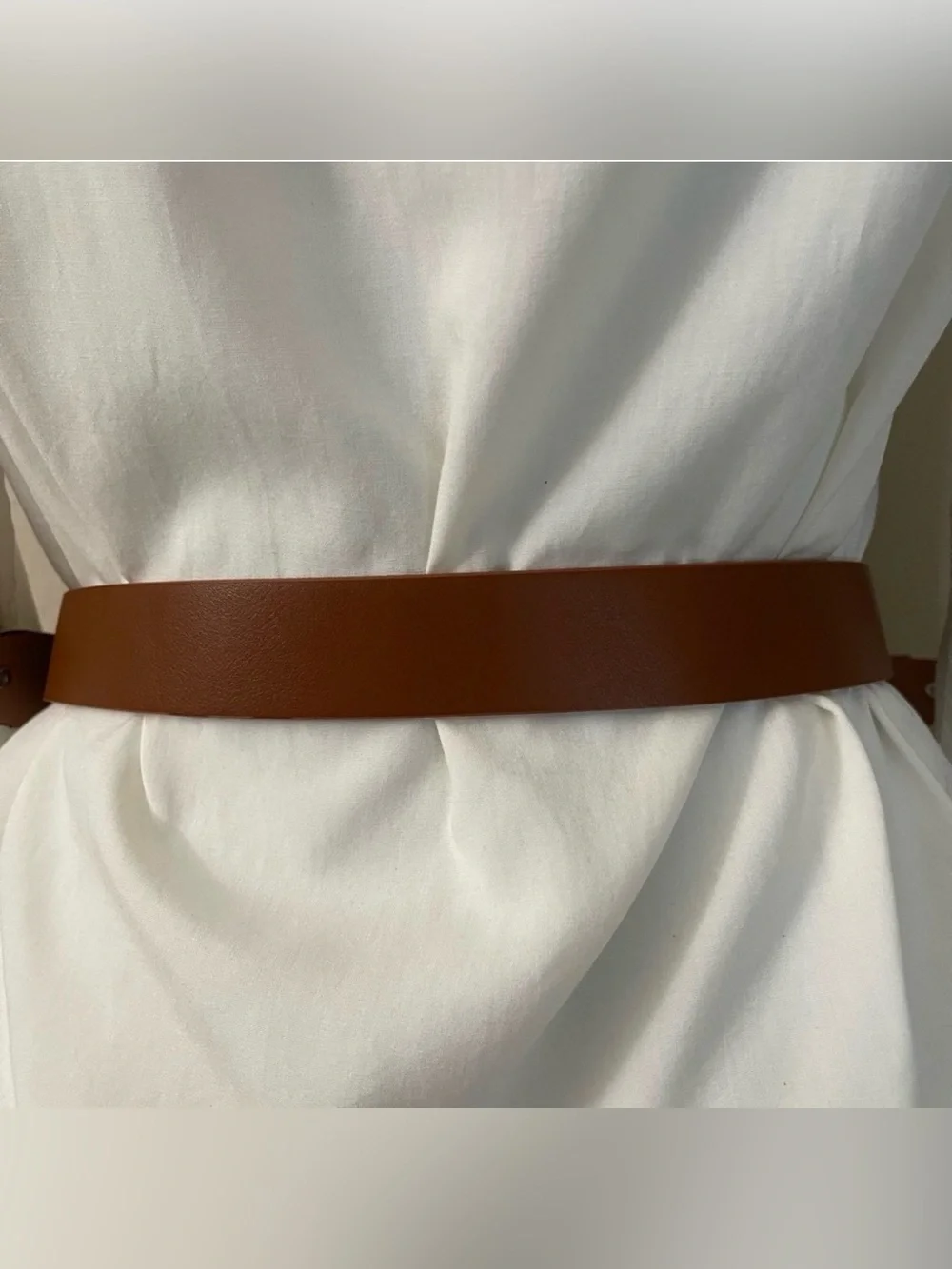 Brown PU leather distressed gold  tone double buckle adjustable skinny belt